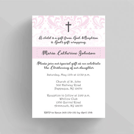 Ribbon and Damask Baptism Christening Invitation